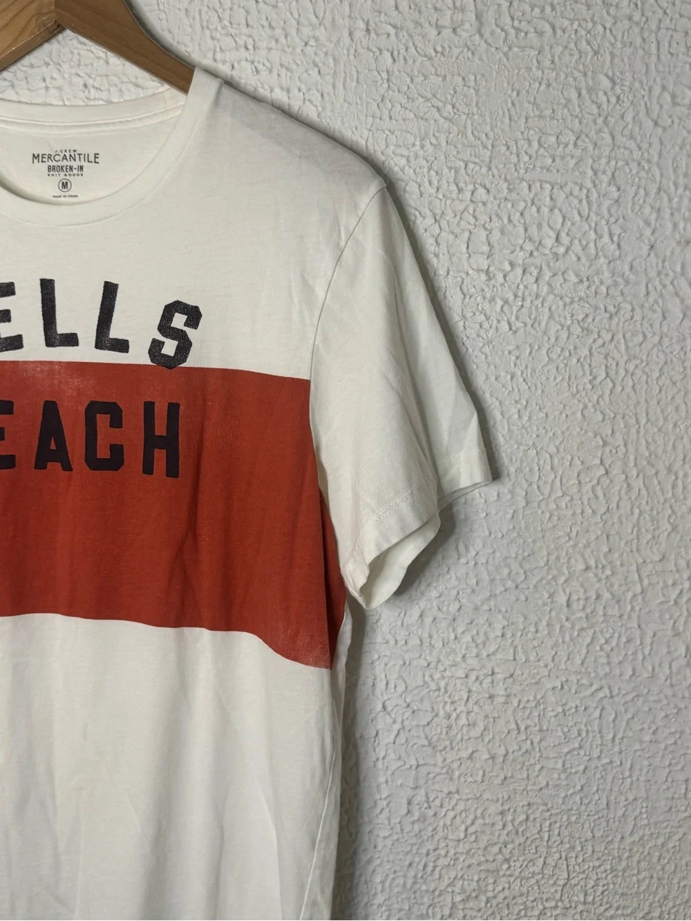 J. Crew White T-Shirt with Rust Chest Panel and Navy Print